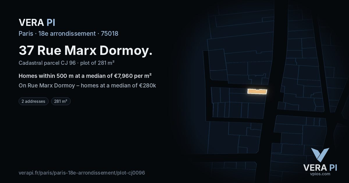 37 Rue Marx Dormoy, 18e arrondissement at night – the plot lit, the parcels around coloured by the prices near them