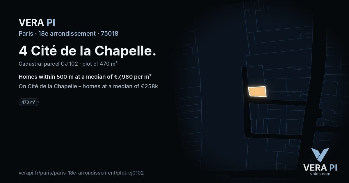 4 Cité de la Chapelle, 18e arrondissement at night – the plot lit, the parcels around coloured by the prices near them