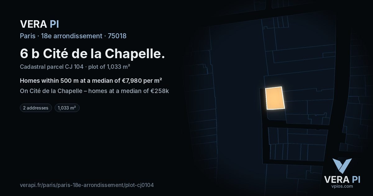 6 b Cité de la Chapelle, 18e arrondissement at night – the plot lit, the parcels around coloured by the prices near them