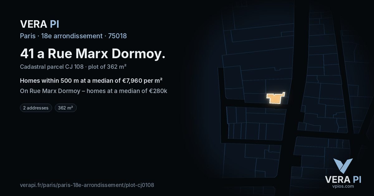 41 a Rue Marx Dormoy, 18e arrondissement at night – the plot lit, the parcels around coloured by the prices near them
