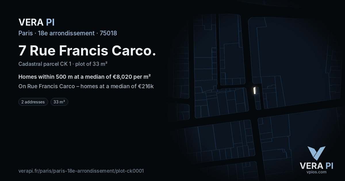 7 Rue Francis Carco, 18e arrondissement at night – the plot lit, the parcels around coloured by the prices near them