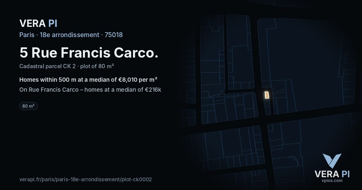 5 Rue Francis Carco, 18e arrondissement at night – the plot lit, the parcels around coloured by the prices near them