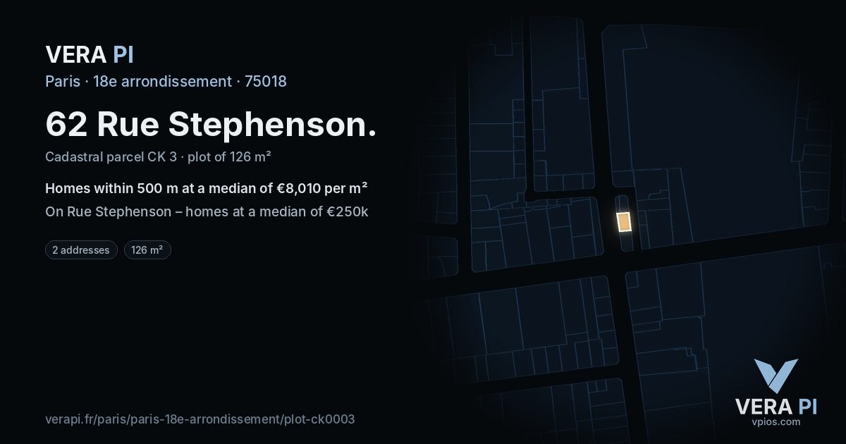 62 Rue Stephenson, 18e arrondissement at night – the plot lit, the parcels around coloured by the prices near them