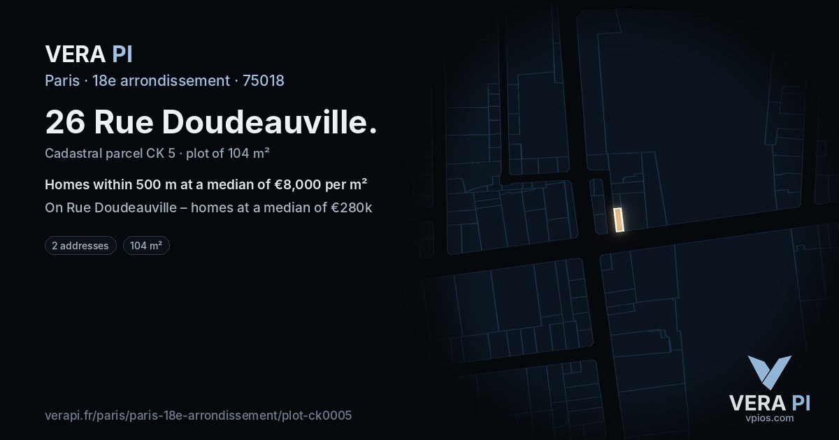 26 Rue Doudeauville, 18e arrondissement at night – the plot lit, the parcels around coloured by the prices near them