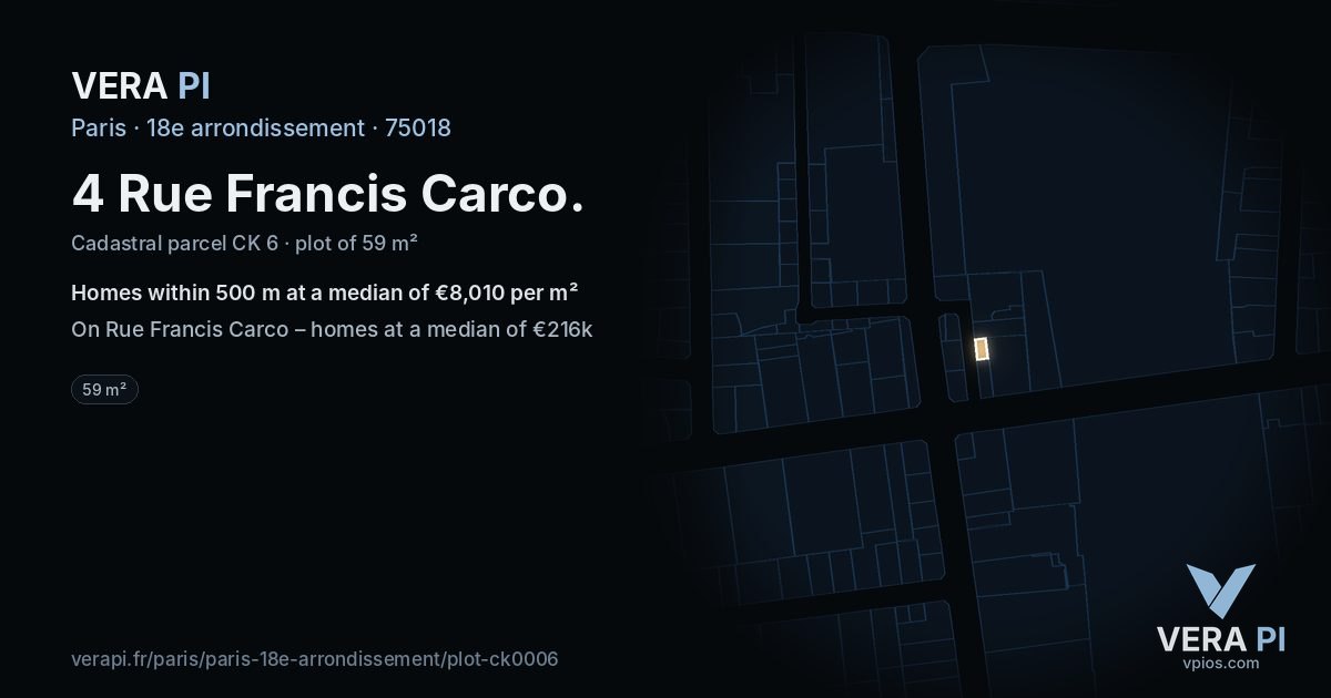 4 Rue Francis Carco, 18e arrondissement at night – the plot lit, the parcels around coloured by the prices near them