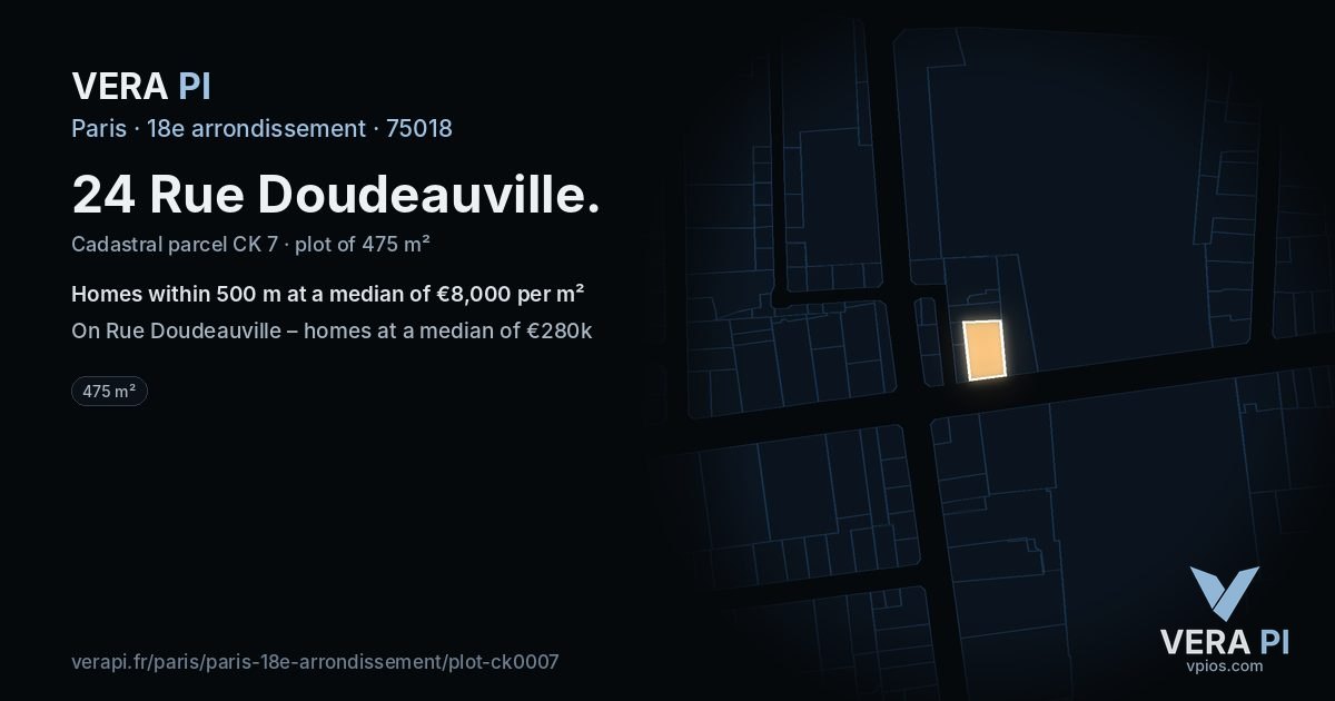 24 Rue Doudeauville, 18e arrondissement at night – the plot lit, the parcels around coloured by the prices near them