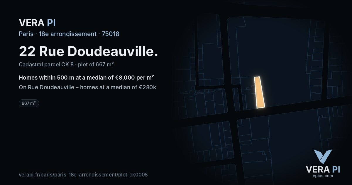 22 Rue Doudeauville, 18e arrondissement at night – the plot lit, the parcels around coloured by the prices near them