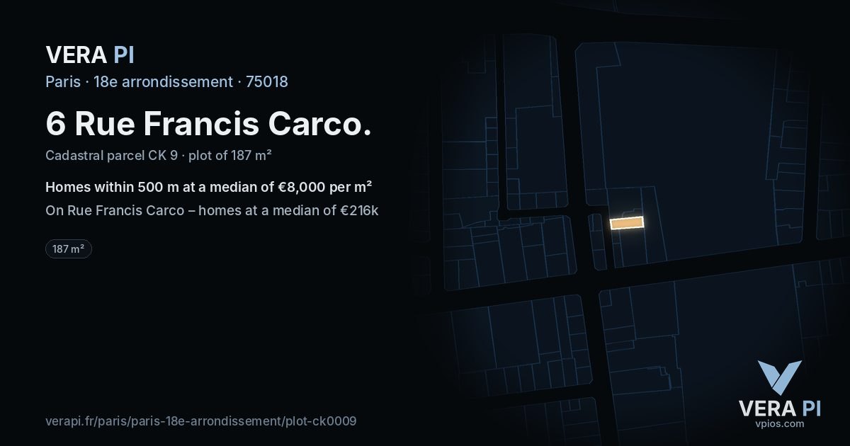 6 Rue Francis Carco, 18e arrondissement at night – the plot lit, the parcels around coloured by the prices near them