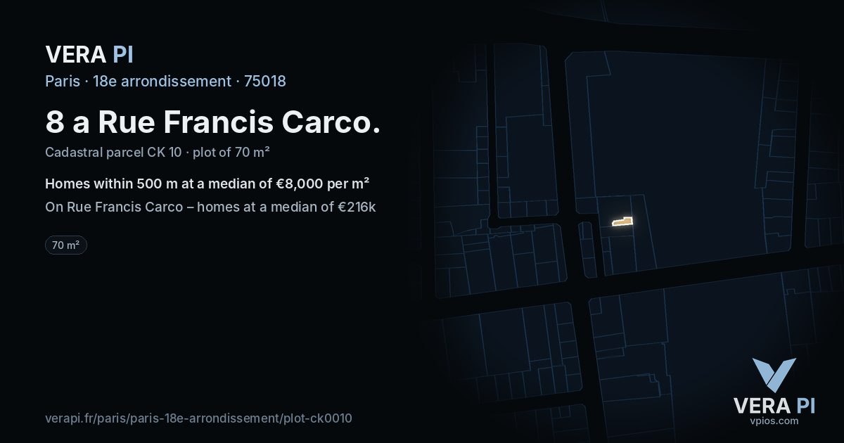 8 a Rue Francis Carco, 18e arrondissement at night – the plot lit, the parcels around coloured by the prices near them