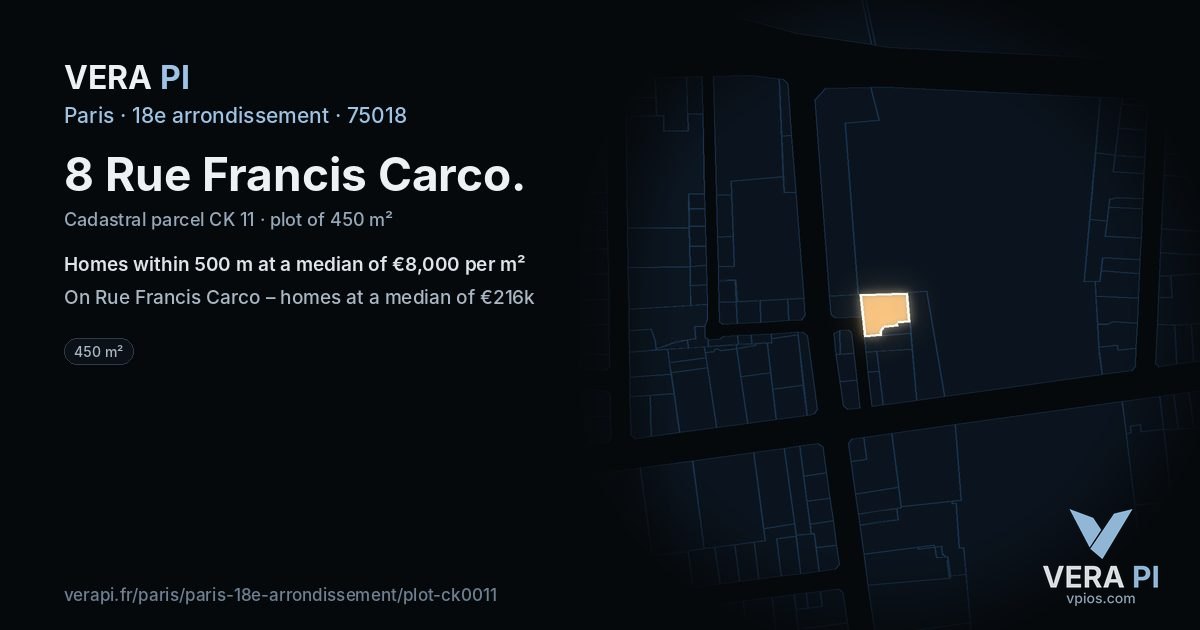 8 Rue Francis Carco, 18e arrondissement at night – the plot lit, the parcels around coloured by the prices near them