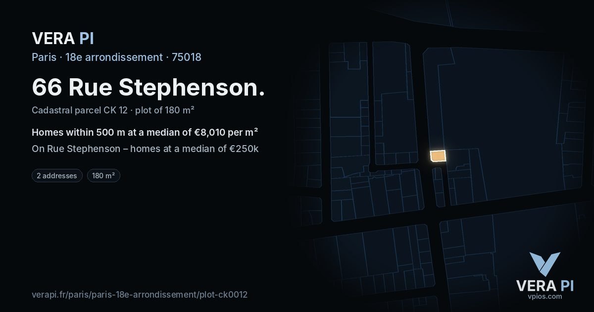 66 Rue Stephenson, 18e arrondissement at night – the plot lit, the parcels around coloured by the prices near them