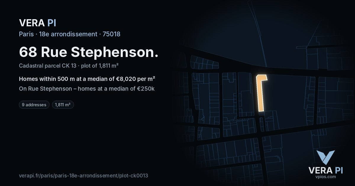 68 Rue Stephenson, 18e arrondissement at night – the plot lit, the parcels around coloured by the prices near them