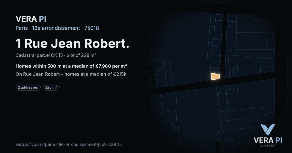 1 Rue Jean Robert, 18e arrondissement at night – the plot lit, the parcels around coloured by the prices near them