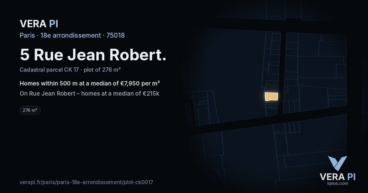 5 Rue Jean Robert, 18e arrondissement at night – the plot lit, the parcels around coloured by the prices near them