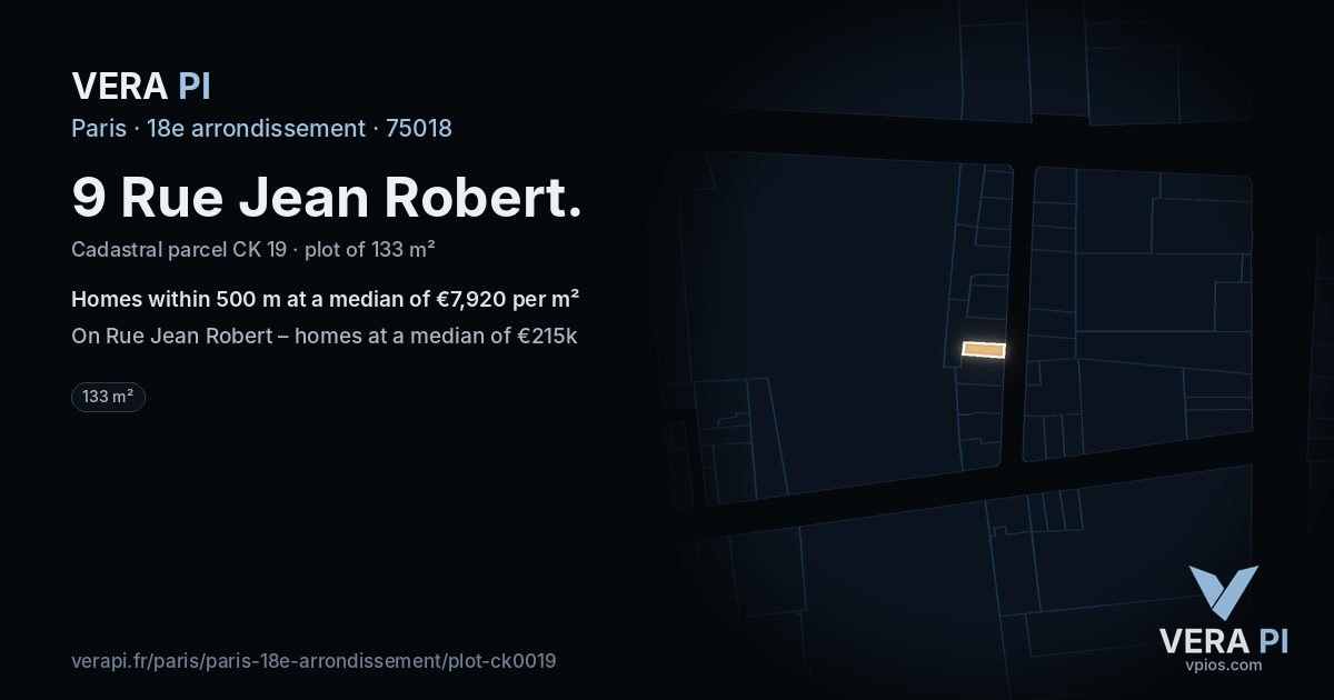 9 Rue Jean Robert, 18e arrondissement at night – the plot lit, the parcels around coloured by the prices near them