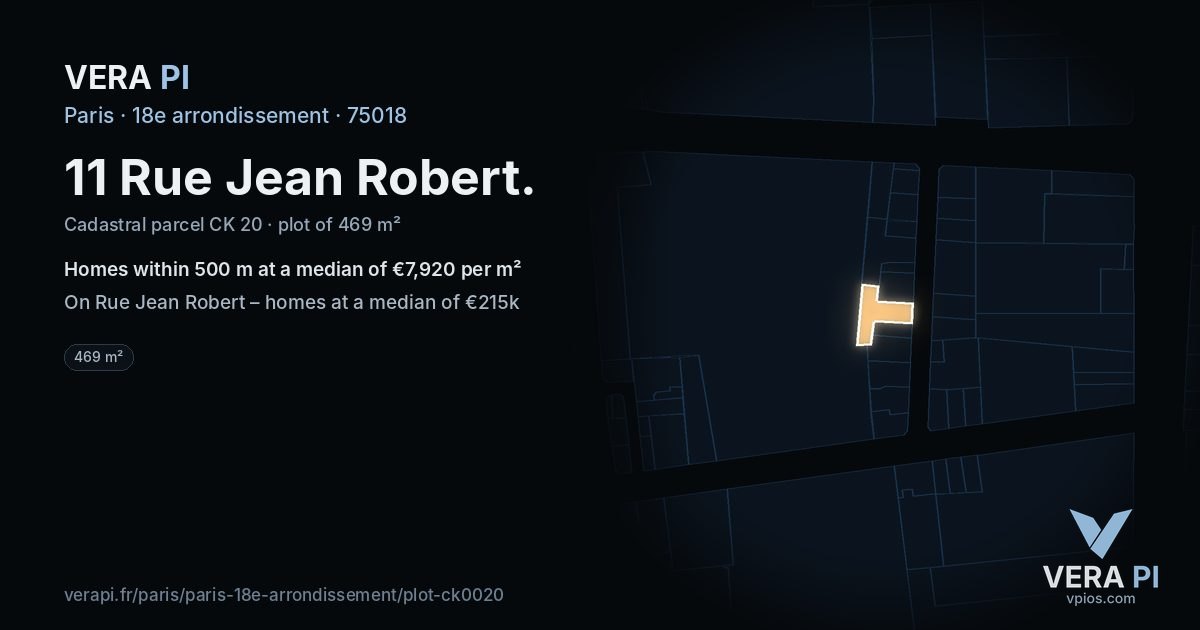 11 Rue Jean Robert, 18e arrondissement at night – the plot lit, the parcels around coloured by the prices near them