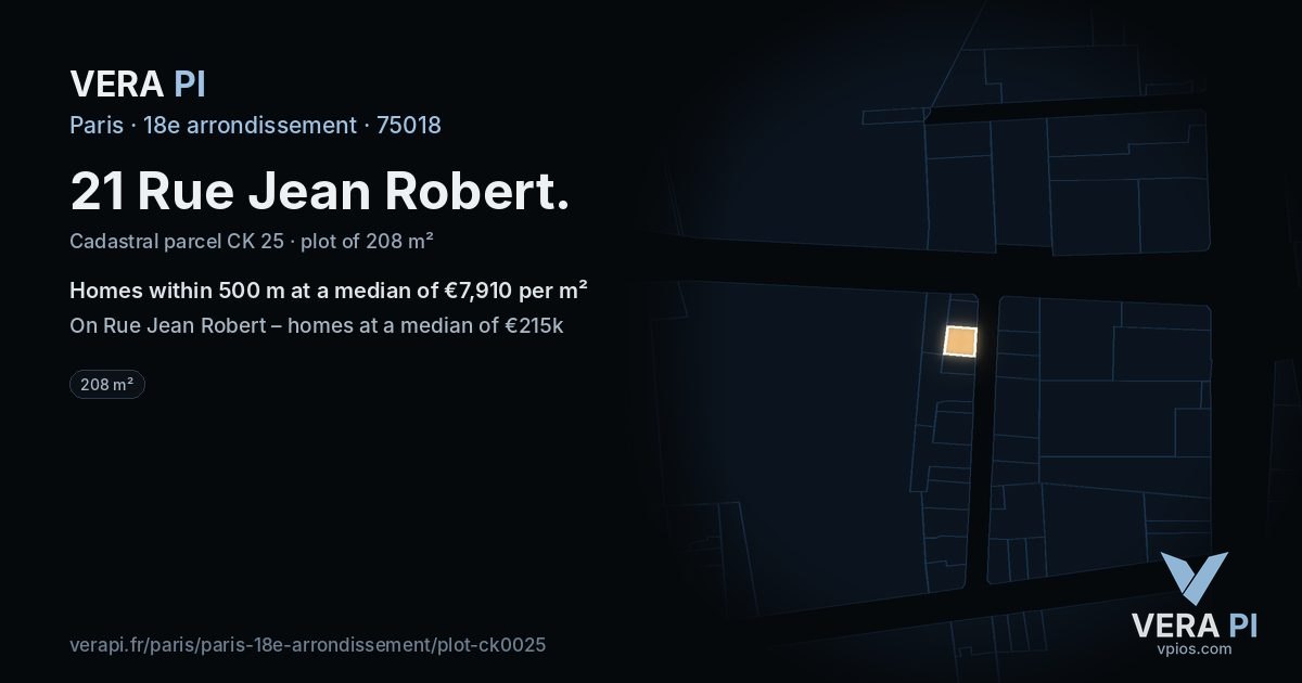 21 Rue Jean Robert, 18e arrondissement at night – the plot lit, the parcels around coloured by the prices near them