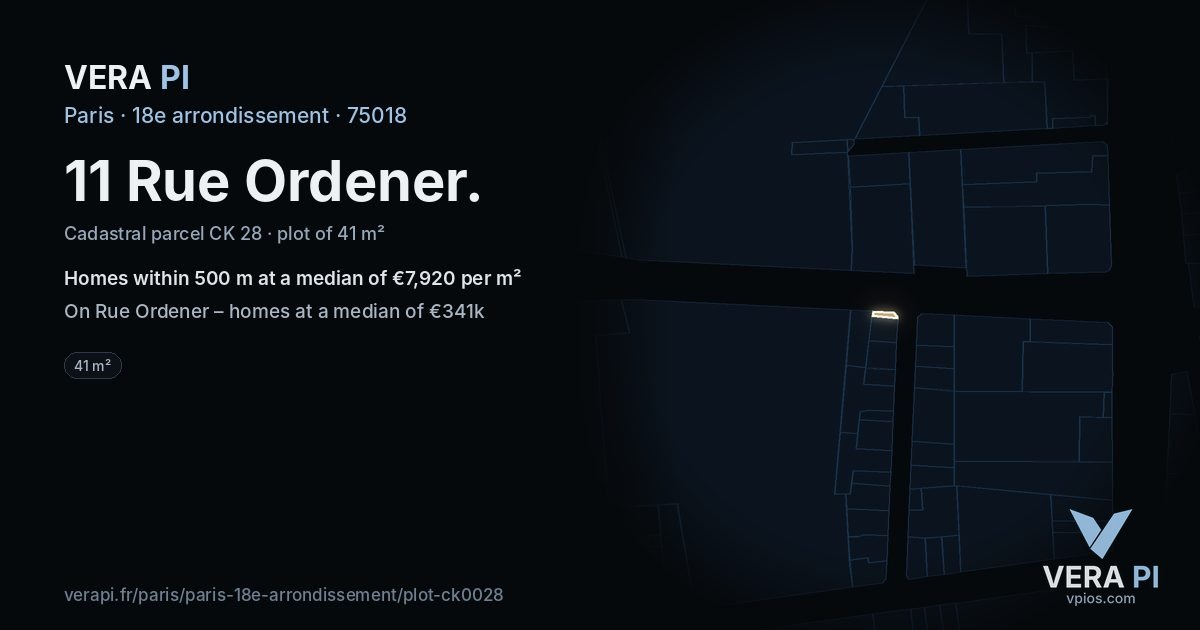11 Rue Ordener, 18e arrondissement at night – the plot lit, the parcels around coloured by the prices near them