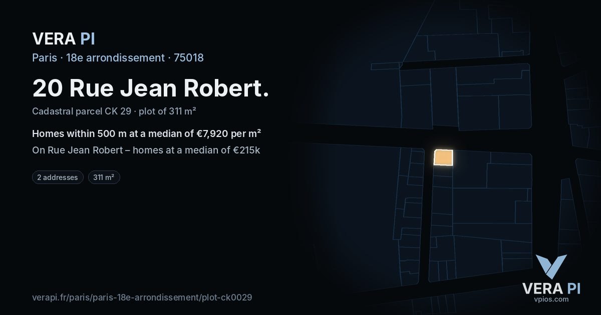 20 Rue Jean Robert, 18e arrondissement at night – the plot lit, the parcels around coloured by the prices near them