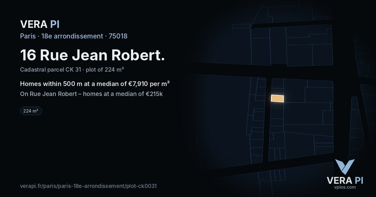16 Rue Jean Robert, 18e arrondissement at night – the plot lit, the parcels around coloured by the prices near them