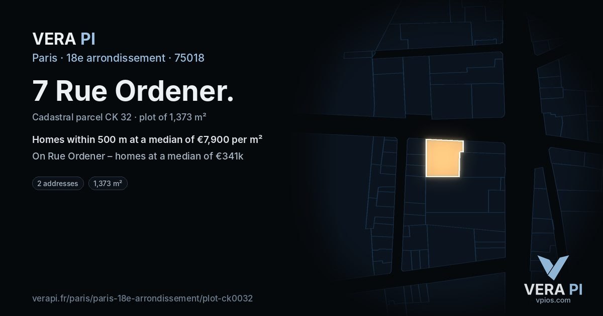 7 Rue Ordener, 18e arrondissement at night – the plot lit, the parcels around coloured by the prices near them