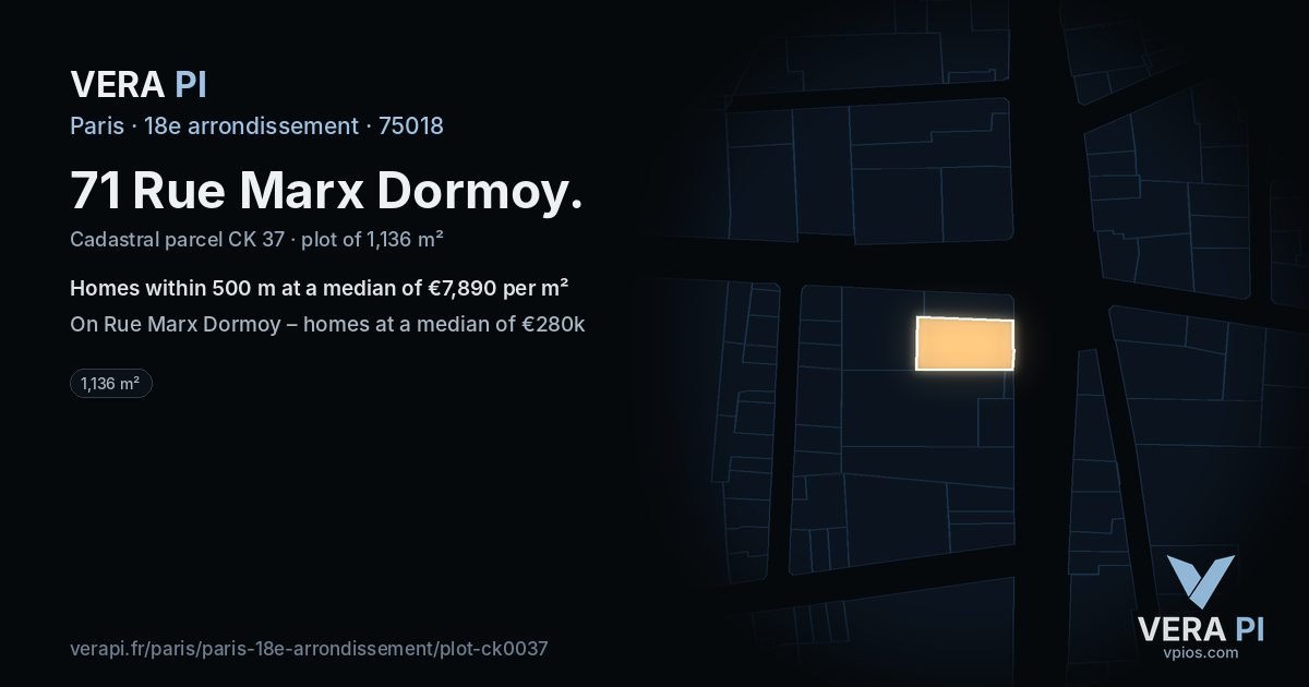 71 Rue Marx Dormoy, 18e arrondissement at night – the plot lit, the parcels around coloured by the prices near them