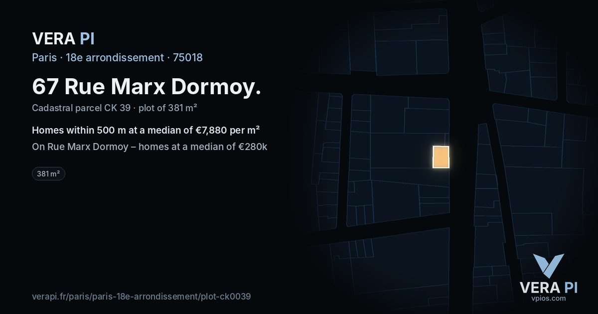 67 Rue Marx Dormoy, 18e arrondissement at night – the plot lit, the parcels around coloured by the prices near them