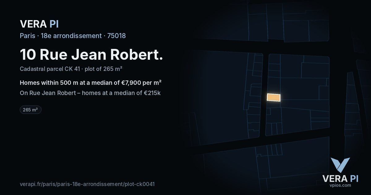10 Rue Jean Robert, 18e arrondissement at night – the plot lit, the parcels around coloured by the prices near them