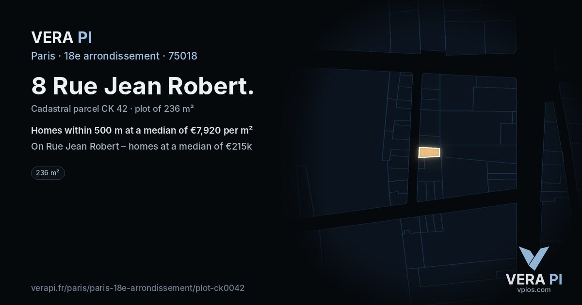 8 Rue Jean Robert, 18e arrondissement at night – the plot lit, the parcels around coloured by the prices near them