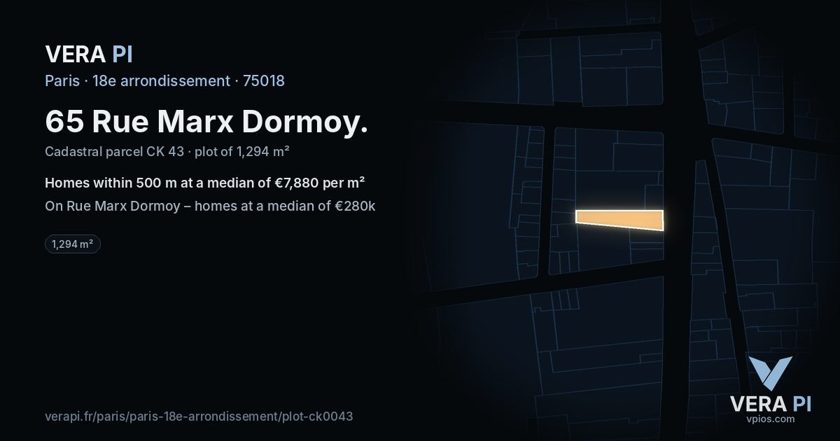 65 Rue Marx Dormoy, 18e arrondissement at night – the plot lit, the parcels around coloured by the prices near them