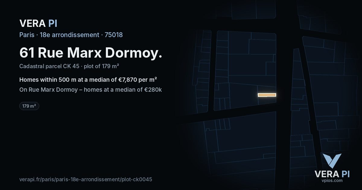61 Rue Marx Dormoy, 18e arrondissement at night – the plot lit, the parcels around coloured by the prices near them