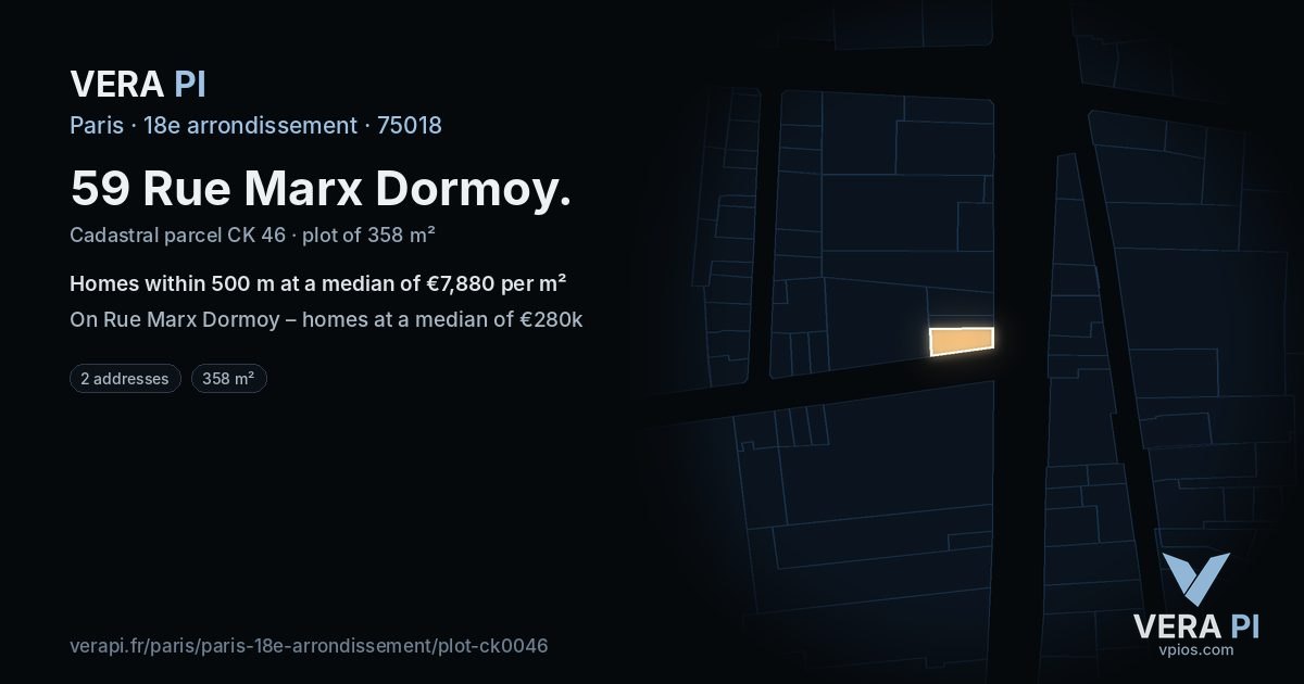 59 Rue Marx Dormoy, 18e arrondissement at night – the plot lit, the parcels around coloured by the prices near them