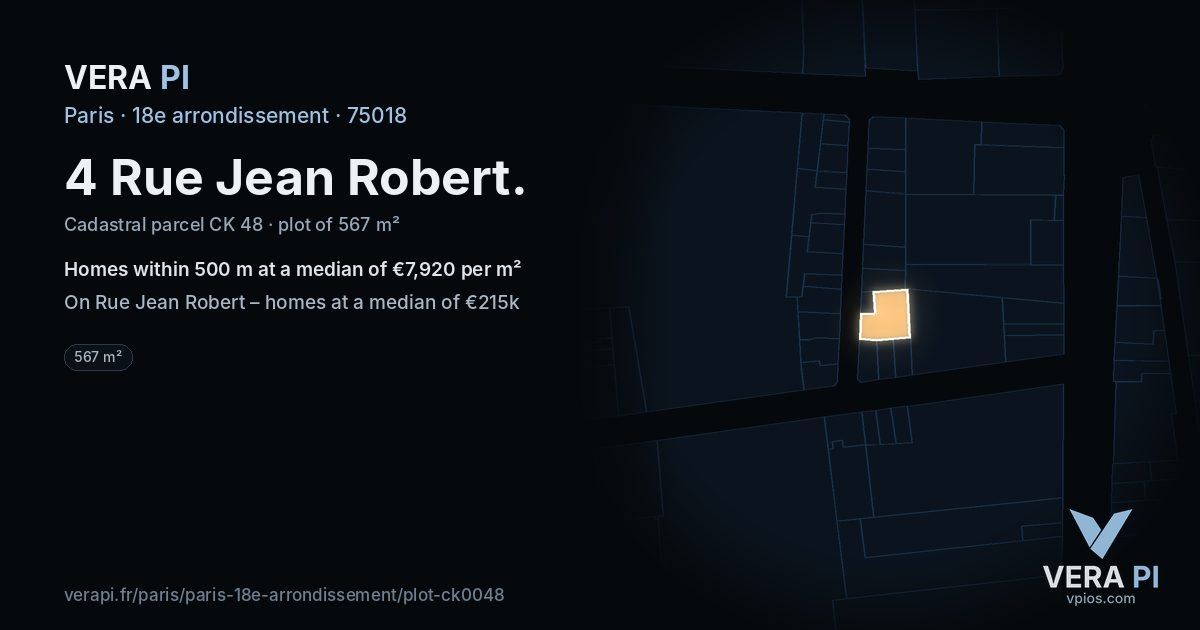 4 Rue Jean Robert, 18e arrondissement at night – the plot lit, the parcels around coloured by the prices near them