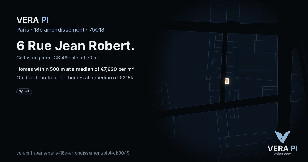 6 Rue Jean Robert, 18e arrondissement at night – the plot lit, the parcels around coloured by the prices near them