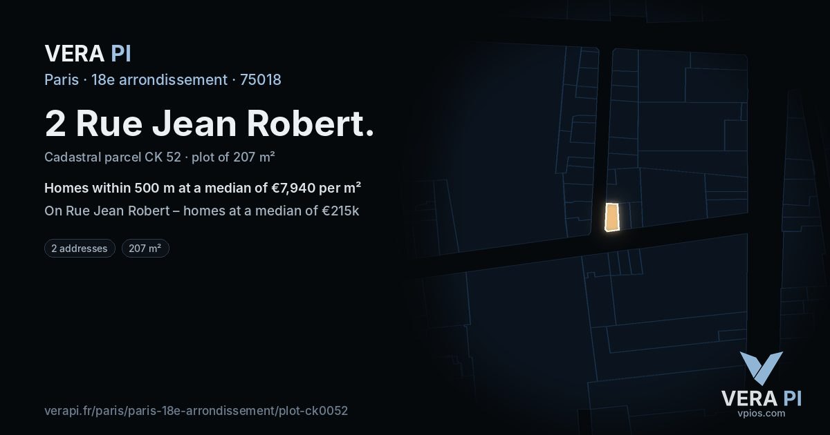 2 Rue Jean Robert, 18e arrondissement at night – the plot lit, the parcels around coloured by the prices near them