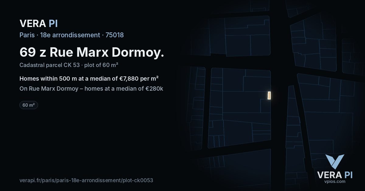 69 z Rue Marx Dormoy, 18e arrondissement at night – the plot lit, the parcels around coloured by the prices near them