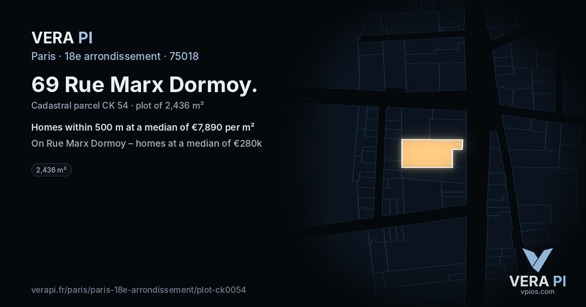 69 Rue Marx Dormoy, 18e arrondissement at night – the plot lit, the parcels around coloured by the prices near them