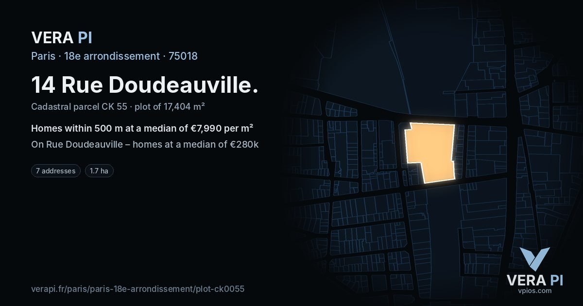 14 Rue Doudeauville, 18e arrondissement at night – the plot lit, the parcels around coloured by the prices near them