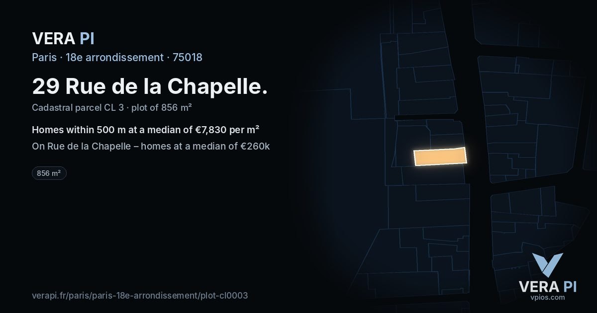 29 Rue de la Chapelle, 18e arrondissement at night – the plot lit, the parcels around coloured by the prices near them