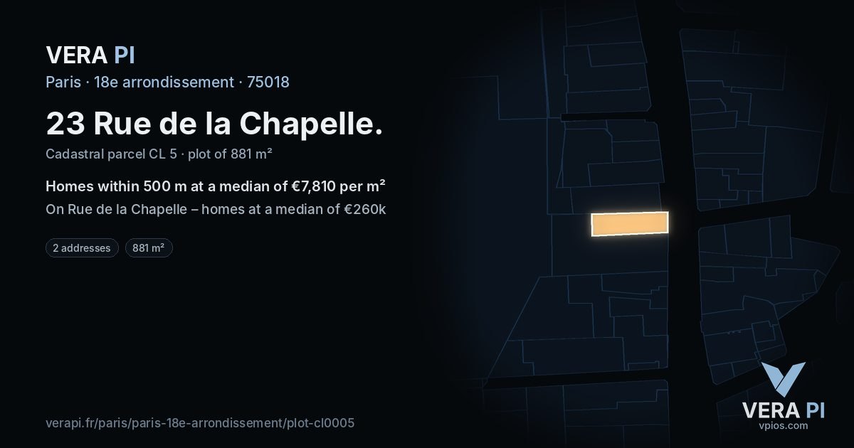 23 Rue de la Chapelle, 18e arrondissement at night – the plot lit, the parcels around coloured by the prices near them