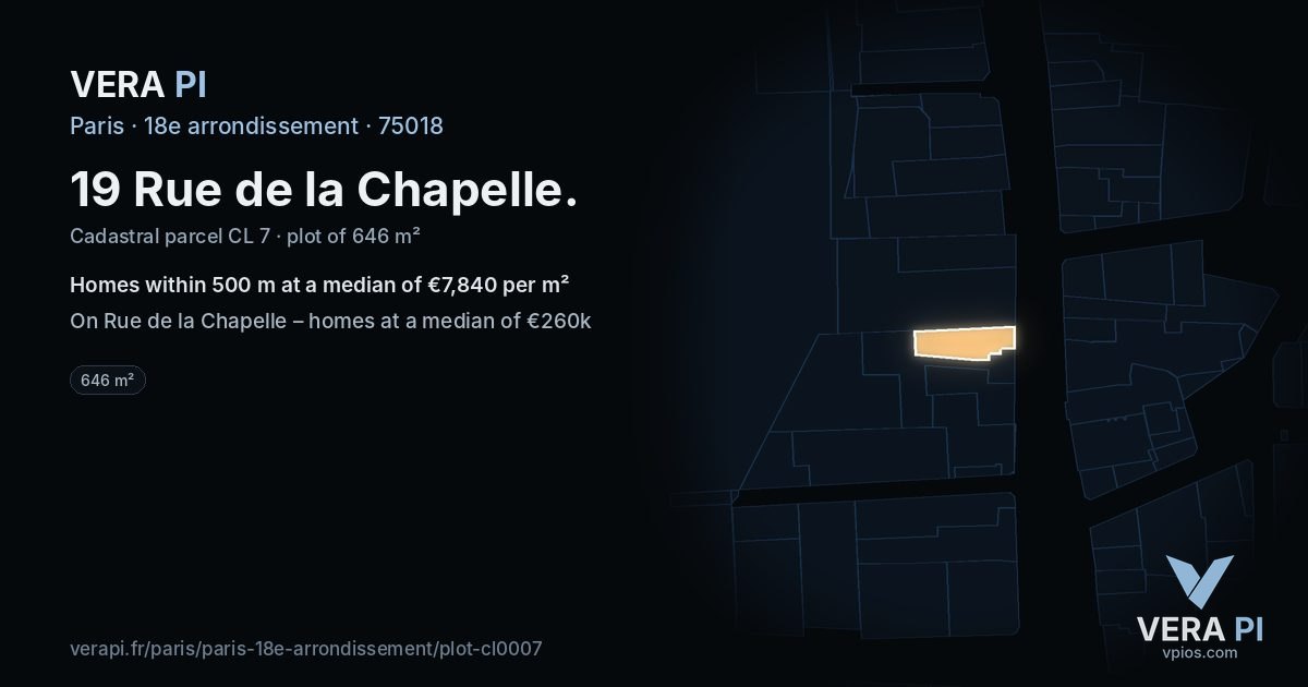 19 Rue de la Chapelle, 18e arrondissement at night – the plot lit, the parcels around coloured by the prices near them