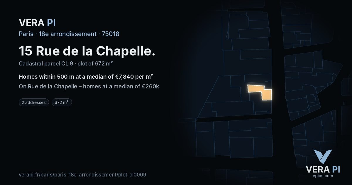 15 Rue de la Chapelle, 18e arrondissement at night – the plot lit, the parcels around coloured by the prices near them