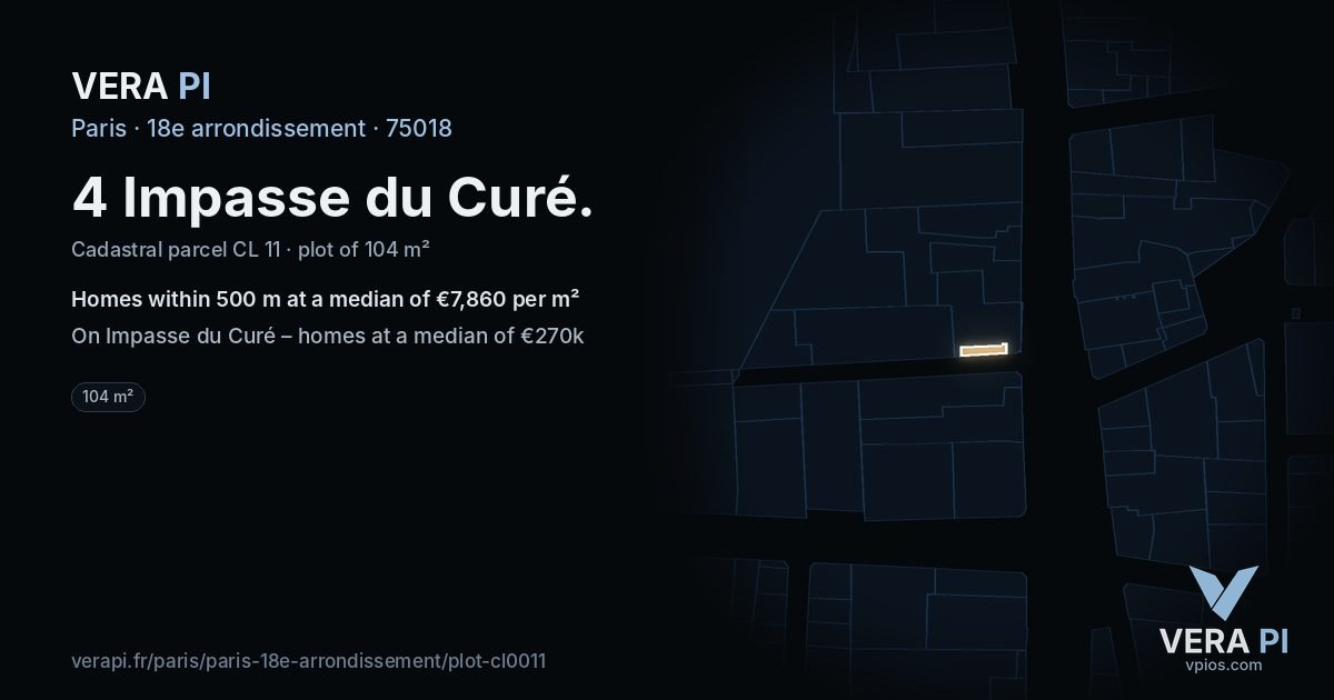 4 Impasse du Curé, 18e arrondissement at night – the plot lit, the parcels around coloured by the prices near them