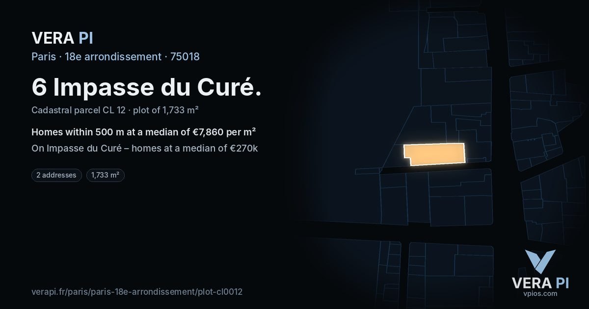 6 Impasse du Curé, 18e arrondissement at night – the plot lit, the parcels around coloured by the prices near them