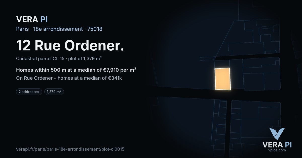 12 Rue Ordener, 18e arrondissement at night – the plot lit, the parcels around coloured by the prices near them