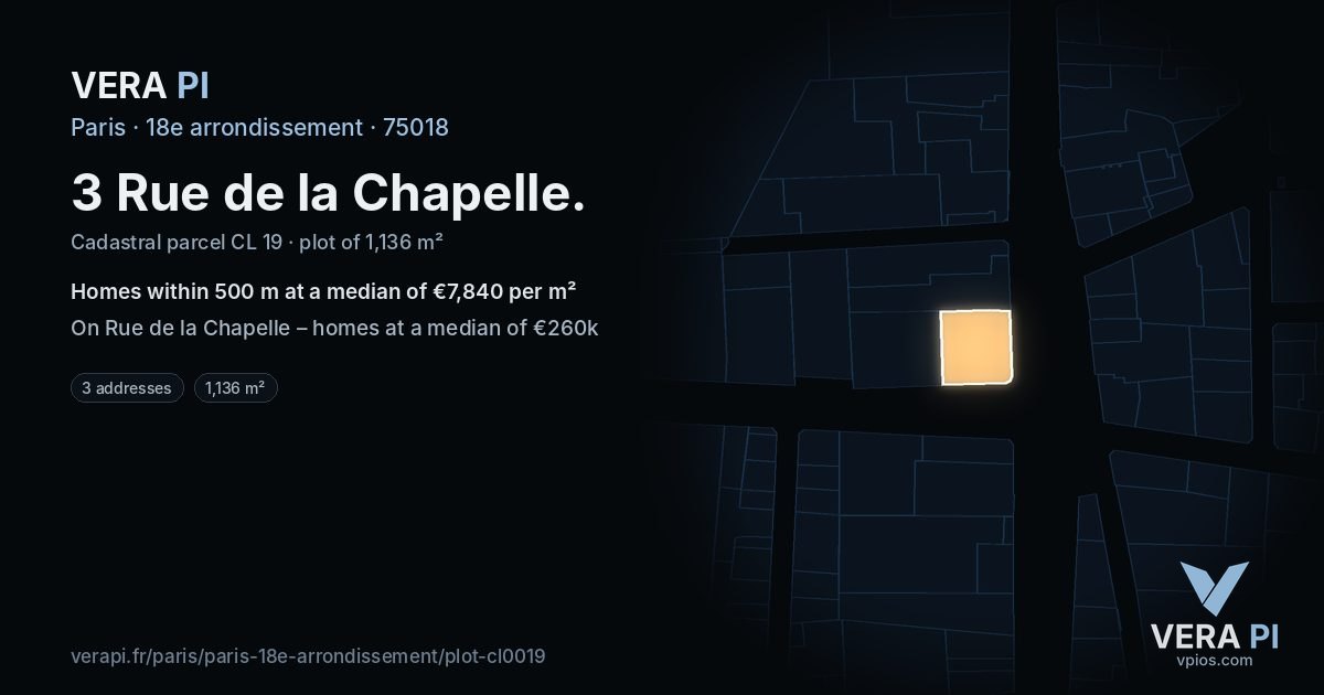 3 Rue de la Chapelle, 18e arrondissement at night – the plot lit, the parcels around coloured by the prices near them