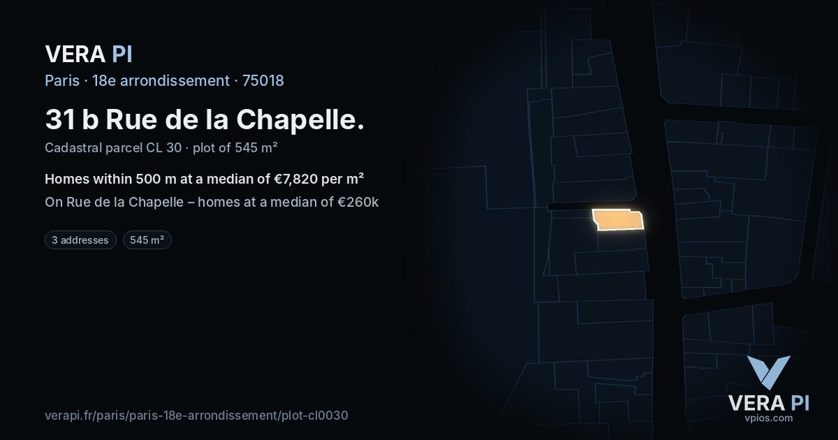 31 b Rue de la Chapelle, 18e arrondissement at night – the plot lit, the parcels around coloured by the prices near them