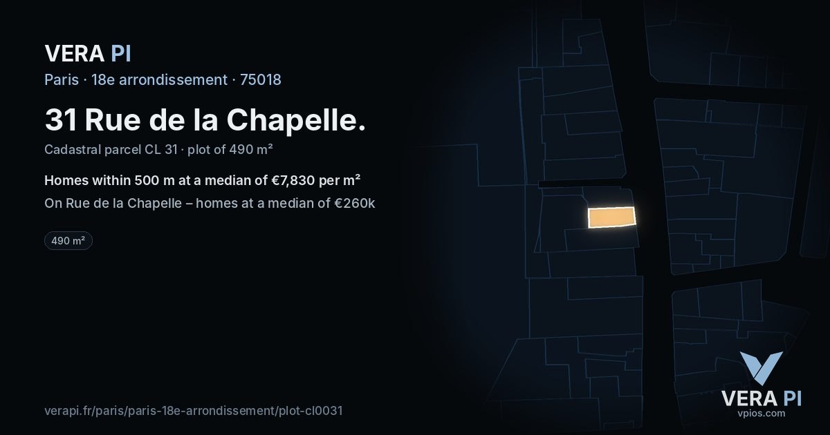31 Rue de la Chapelle, 18e arrondissement at night – the plot lit, the parcels around coloured by the prices near them