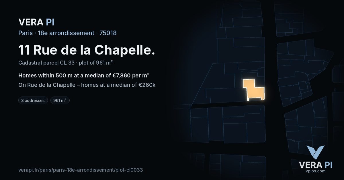 11 Rue de la Chapelle, 18e arrondissement at night – the plot lit, the parcels around coloured by the prices near them