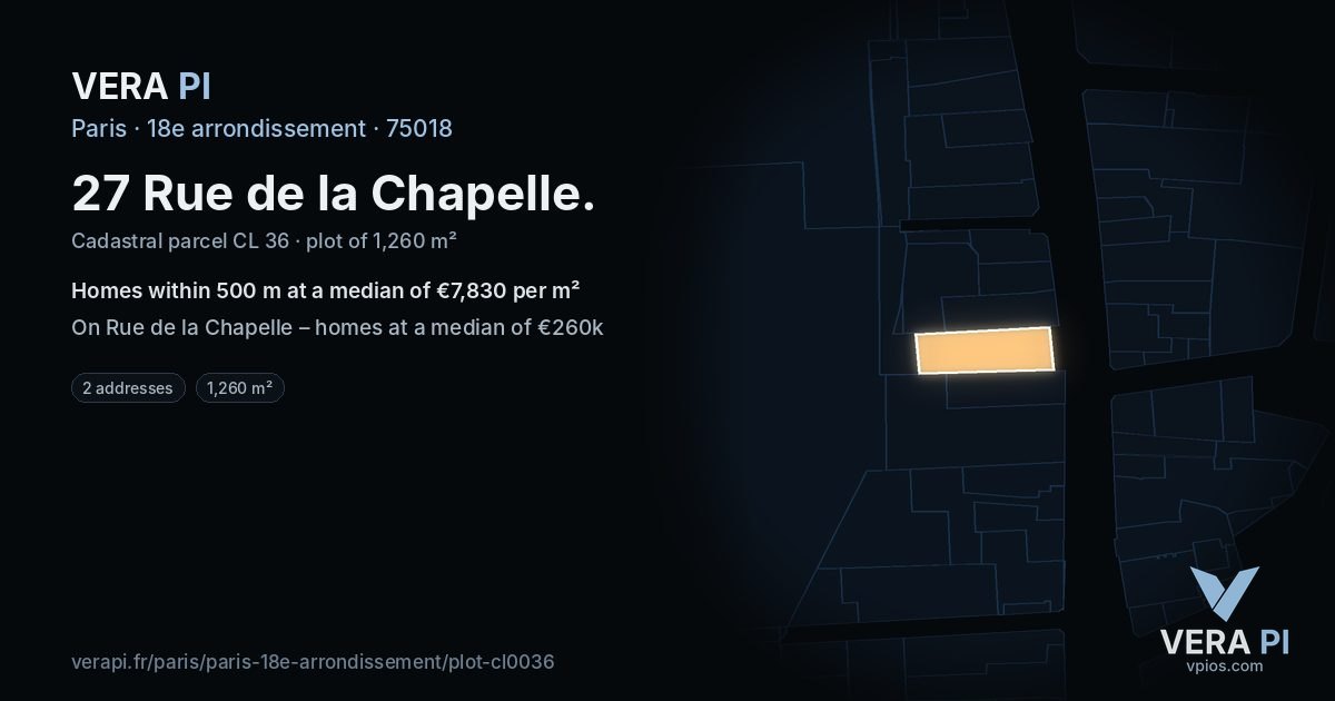 27 Rue de la Chapelle, 18e arrondissement at night – the plot lit, the parcels around coloured by the prices near them